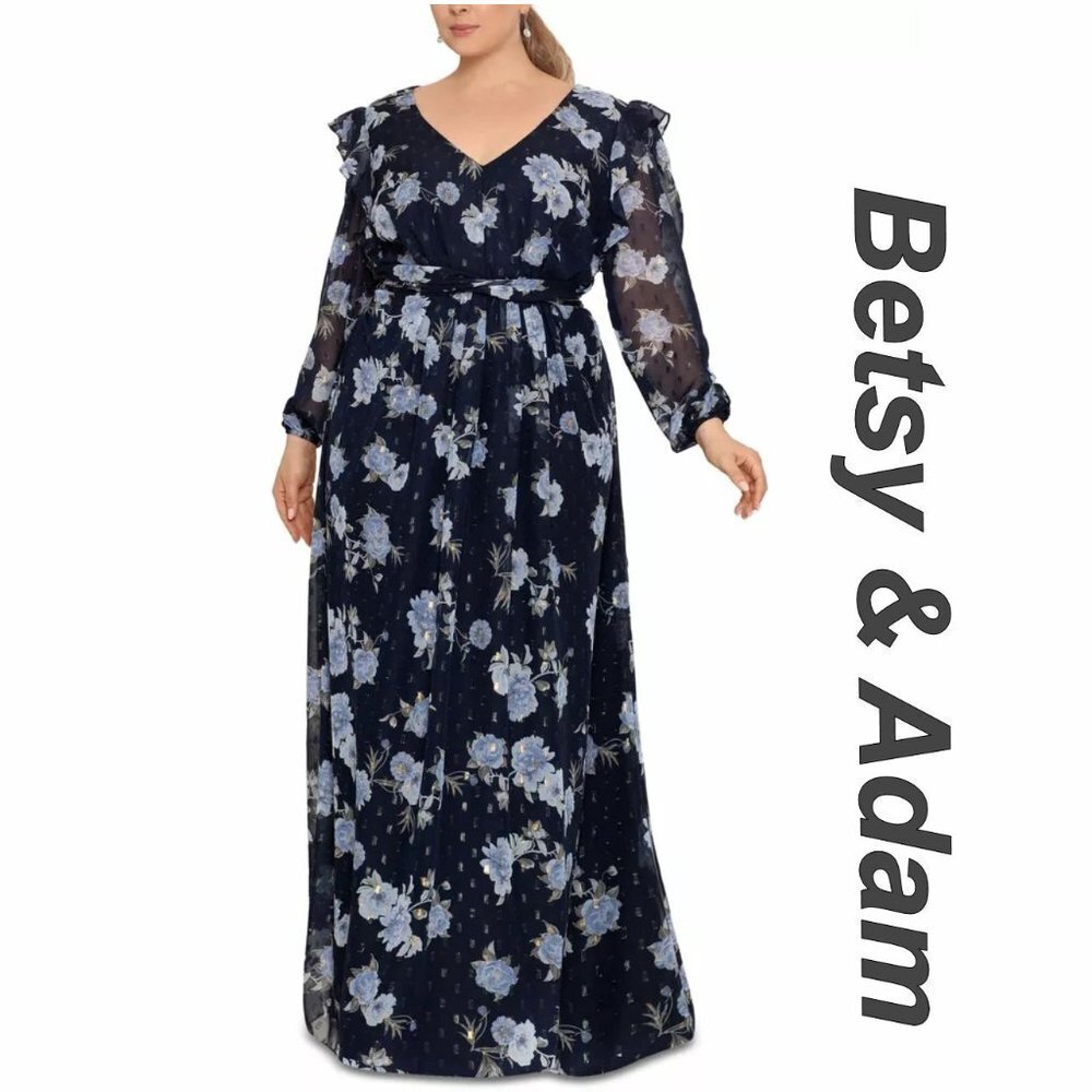 Betsy & Adam Floral Chiffon Ruffle V-Neck Long Sheer Sleeve Dress Size 16W